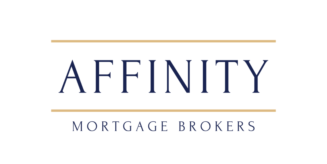 Affinity logo - Affinity Mortgage Brokers with Yellow parallel lines on top and bottom