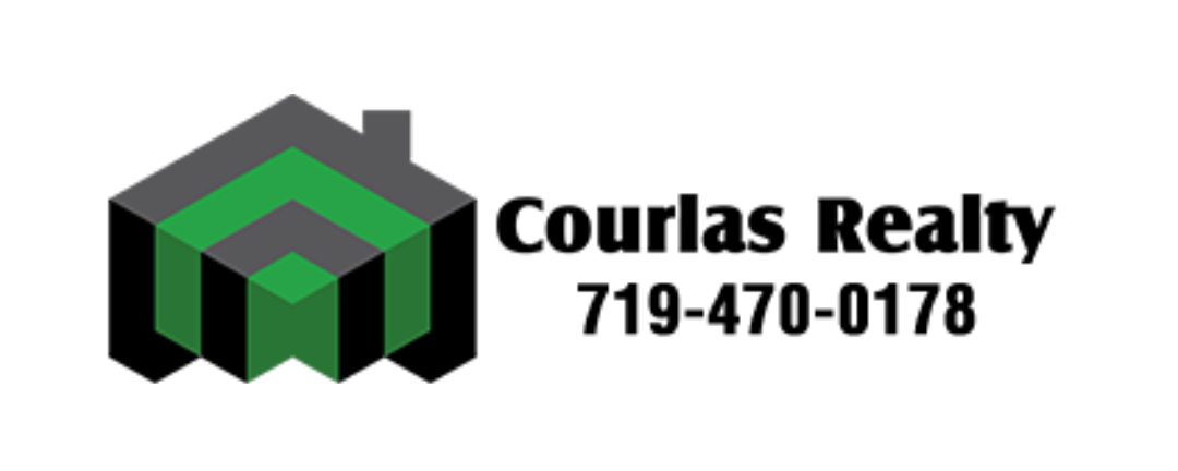 Courlas realty logo - green house icon with "courlas realty" beside it